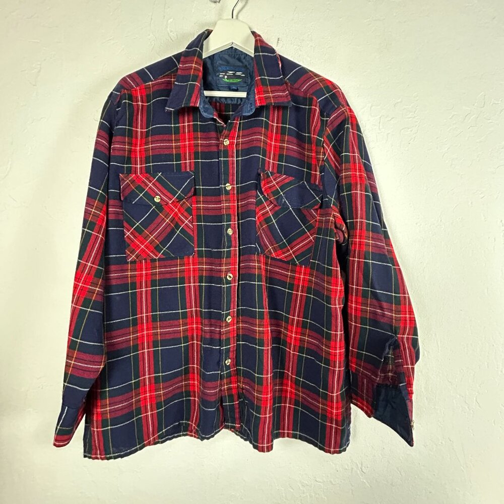 Vintage Backpacker Mens Plaid Flannel Button Up Shirt XL Red Blue Long Sleeve